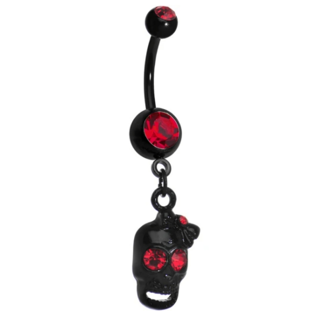 Body Candy Black Red Gem Skull & Bow Belly Ring